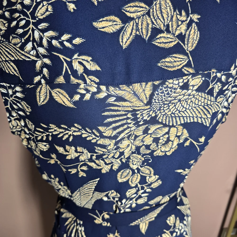 NANETTE LEPORE dark navy floral birds button pleats belted knee dres - Picture 5 of 5